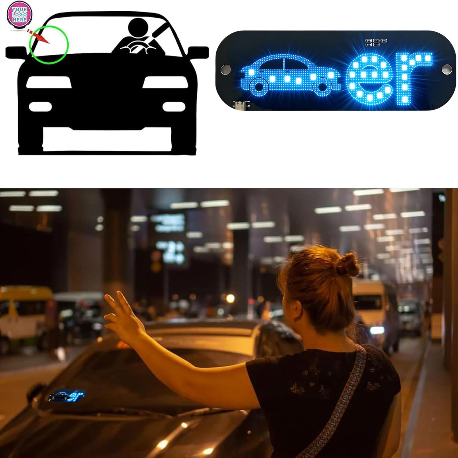 Blue LED Light Sign for Car, Taxi Windshield Light Sign, USB Plug Car Interior Lights Taxi Indicator Lights USB Cable Taxi Sign Light Windshield Car LED, Decal with Suction Cups Flashing Hook — view 3
