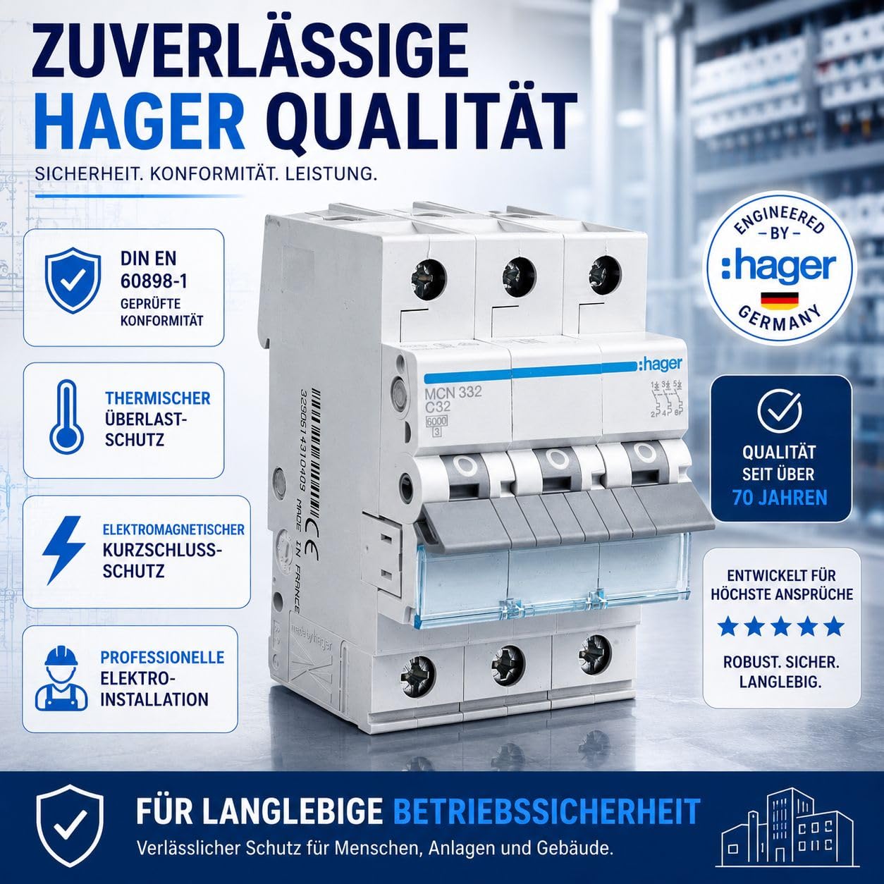 Hager MCN332 Leitungsschutzschalter 3-polig C32A, LS-Schalter 32A für Drehstrom & Hutschiene, 6kA Sicherungsautomat, biconnect Klemmsystem, DIN EN 60898-1, 230/400V AC