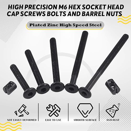 Miniatura 3 de Hilitchi M6 - Kit surtido de 120 tornillos de cabeza hexagonal color negro, tuercas de barril, herramientas para cuna, cama de bebé, muebles, cunas