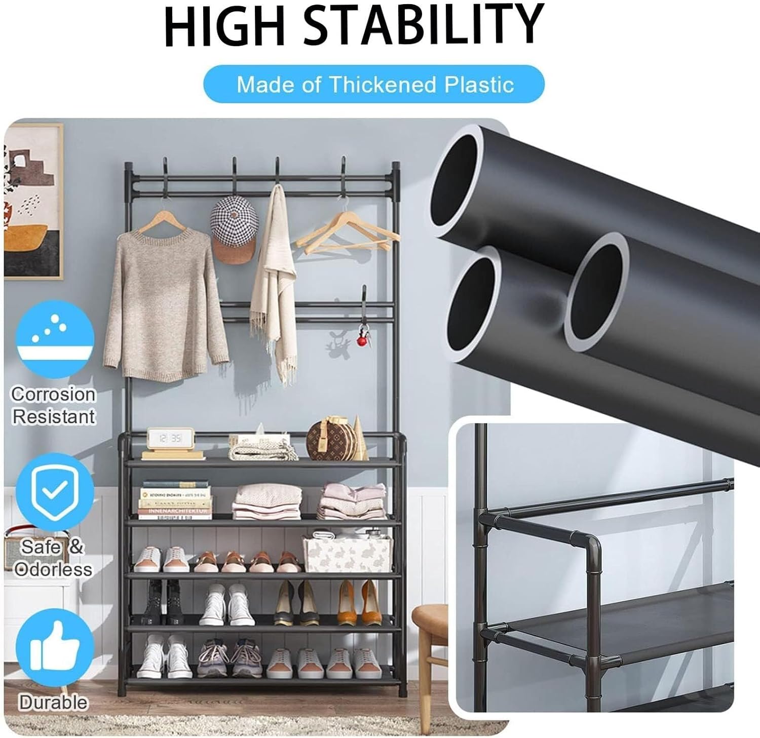 3-in-1 Industrial Hall Tree with 4/5-Tier Shoe Rack, Coat Rack, and Bench, Entryway Organizer with 8 Hooks, Freestanding(White,4F:60CM*26CM*152CM)