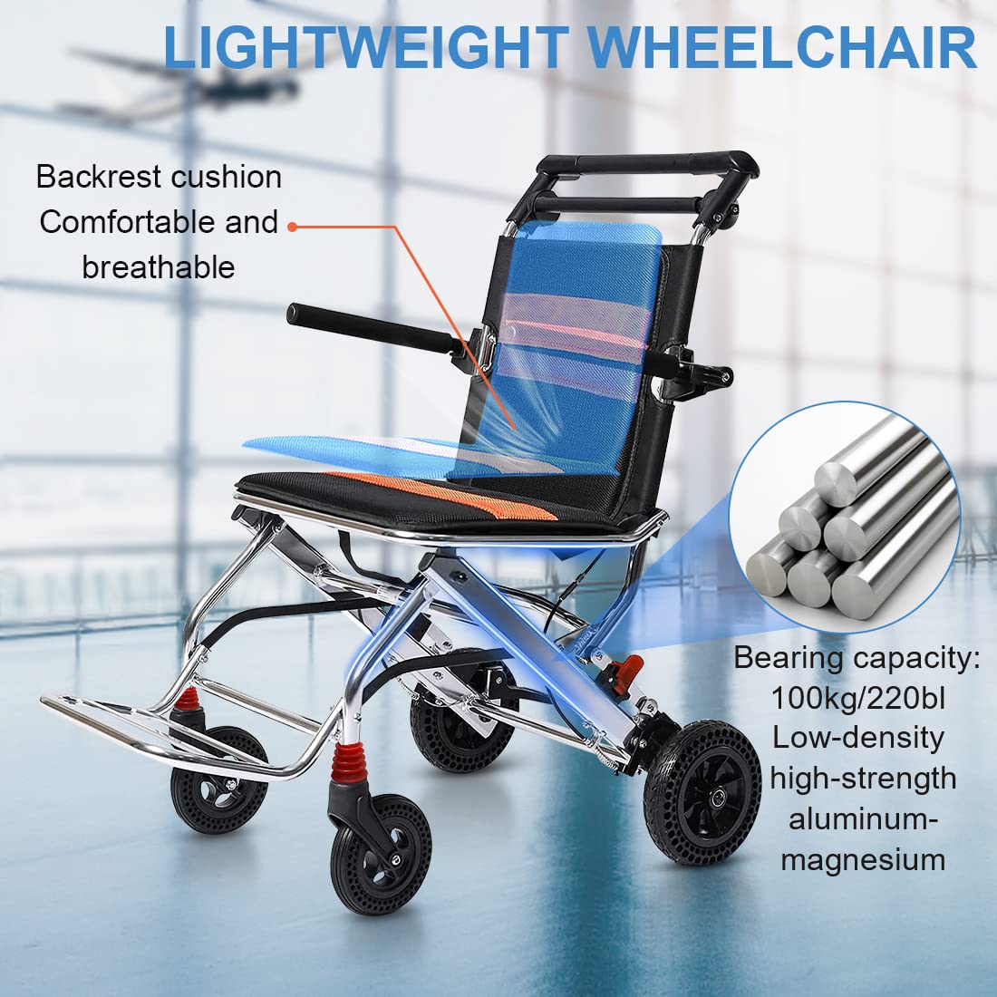 Leichter faltbarer Rollstuhl mit Handbremsen – unterstützt 100 kg, Aluminium-Rollstuhl für Erwachsene und Senioren – Transport Reisen Rollstuhl Trolleys