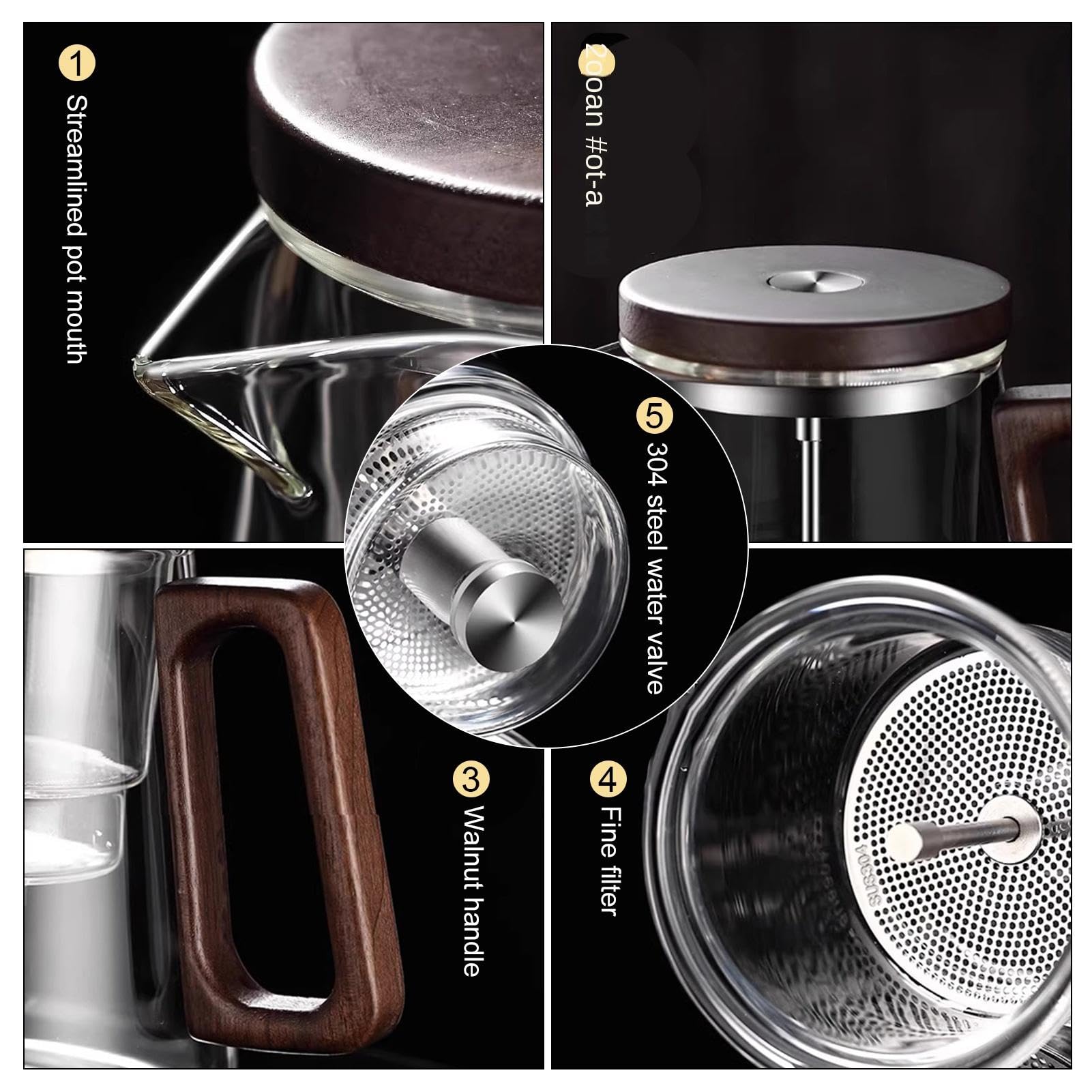 Enchantipot Théière en Verre 800ml Avec Séparation d'Eau et Poignée en Bois, Pot à Thé Magique Avec Contrôle de Presse et Infuseur, Filtration de Thé