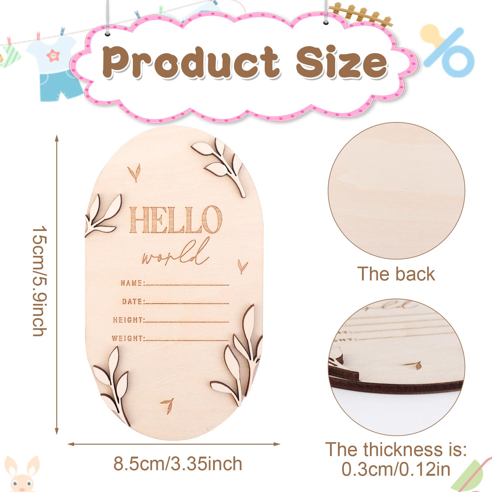 Baby Announcement Sign for Newborn, 5.9 Inch Hello World Wooden Newborn Sign Boys Girls Birth Announcement Board Welcome Name Plaques for New Baby Photo Prop Nursery Hospital