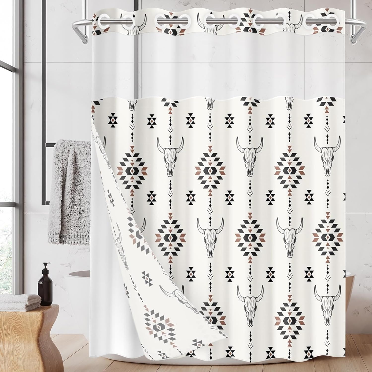 No Hook Western Ethnic Cow Shower Curtain with Snap in Fabric Liner Set, Farmhouse Aztec Bull Double Layers Waterproof Fabric with See Through Top Window Bath Curtain 71x74 Inch