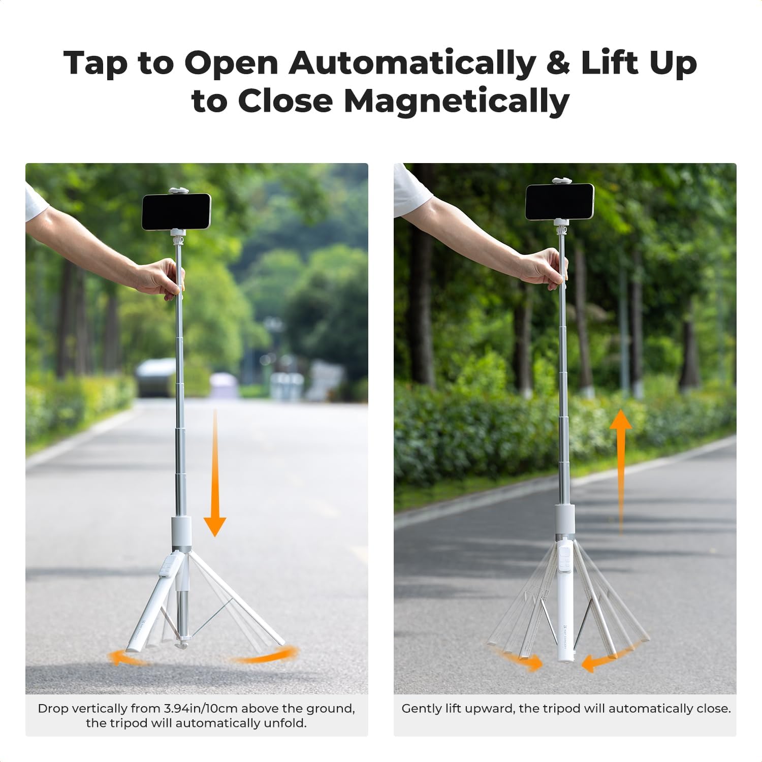 K&F CONCEPT Selfie Stick, Auto Open & Close Phone Tripod Stand, 360° Rotatable Selfie Stick with 9 Button Bluetooth Remote, Extendable Automatic Tripod for Cell Phone(White)