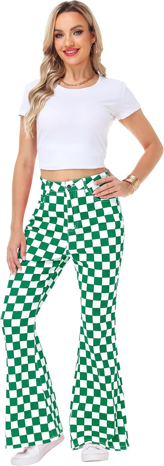 Womens High Waisted Plaid Bell Bottom Jeans Stretch Checkered Flare Denim Pant - Image 6