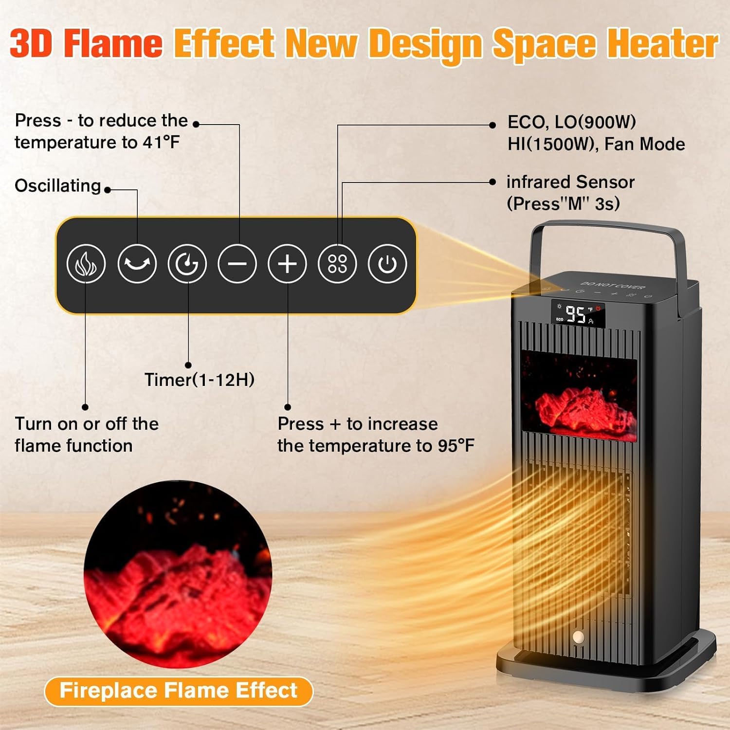 Electric Heater 2023 Upgraded, Portable Heater with Fireplace Flame Effect & Infrared Sensor, 1500W Low Energy Oscillating PTC Space Heater, Fast Heating for Indoor Use, Bedroom, Office, Desk, Garage