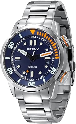 BERNY Mens Dive Watch, Fashion Mechanical Automatic Watches for Men, 20AMT Waterproof Male Wrist Watch, Super Luminous Sapphire Glass All Stainless Steel Luxury Birthday Presents