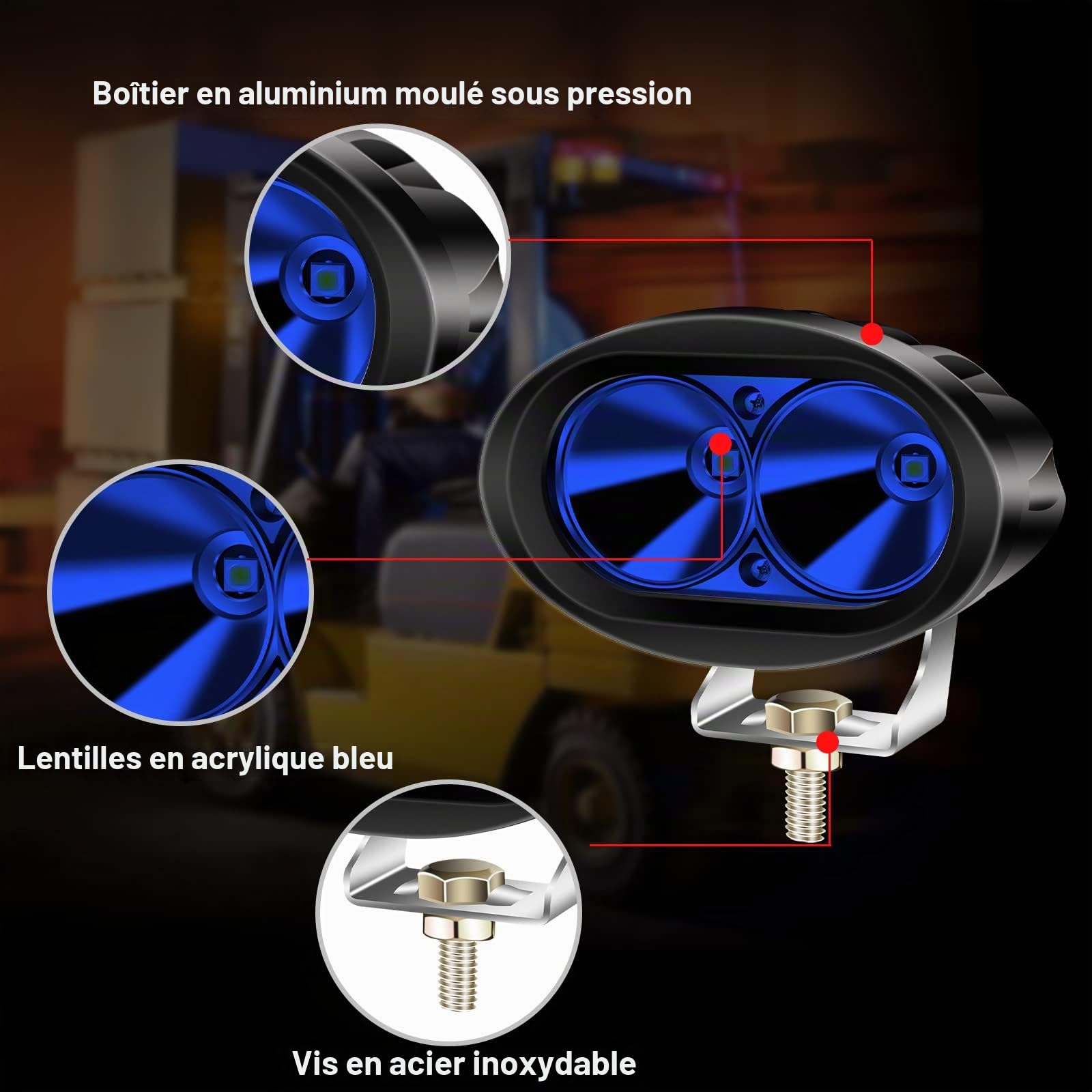 Phare Additionnel Moto LED Bleu 20W - Lampe Avant Ronde Pour Chariot Élévateur, Camion Tout-Terrain, Tracteur - Feux Brouillard 12V/24V - 2 Pièces