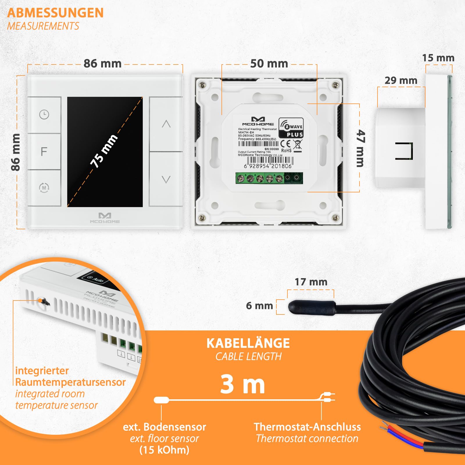 MCO Home Z-Wave Raumthermostat MH7H-EH für Fußbodenheizung & Infrarot-Heizung/Z-Wave Smarthome kompatibel weiß