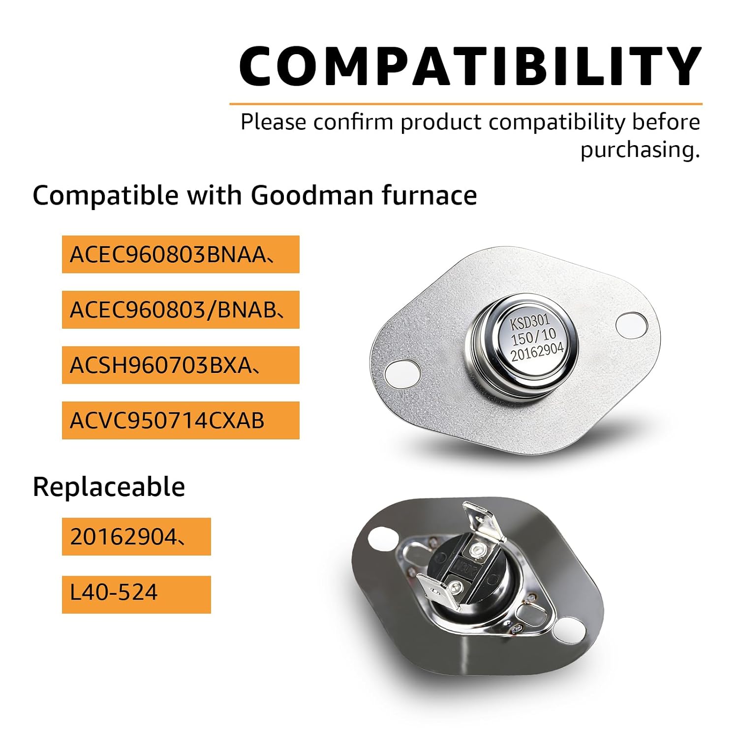 20162904 Primary Limit Switch Fits for Goodman Furnace | High Limit Switch 150° / 110° Replaces L40-524
