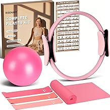 RISEMART Pilates Kit 9Pcs Home Pilates Set with 13'' Ring, 8'' Ball and 4 Resistance Bands for Women & Men, Pilates Workout Equipment Set for Beginners with Professional Pose Guides & Tote Bag