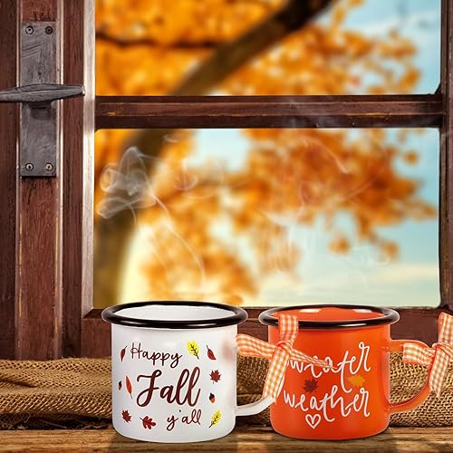 Miniatura 7 de Quera 4 tazas de café de otoño, taza blanca y naranja, tazas de cerámica de calabaza de Acción de Gracias para decoración de bandejas escalonadas,