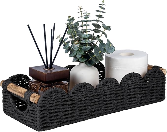 CubesLand Bathroom Basket Organizer w/Cut Out Handle, Back of Toilet Paper Storage Baskets Tray for Bathroom Countertop Decorative, Scalloped Wicker Basket Also for Home Decor, Living Room, Neutral