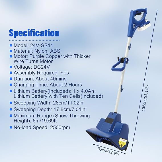 Cordless Snow Shovel, DC24V Cordless Snow Blower with 4-Ah Battery and Quick Charger, Handheld Snow Thrower, Sweeping Width11.02in, Depth 7.01in, Blue