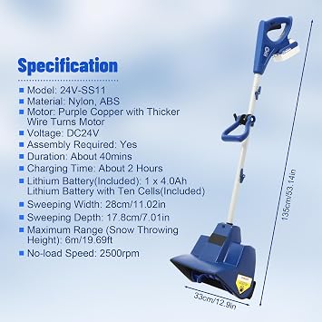 Cordless Snow Shovel, DC24V Cordless Snow Blower with 4-Ah Battery and Quick Charger, Handheld Snow Thrower, Sweeping Width11.02in, Depth 7.01in, Blue