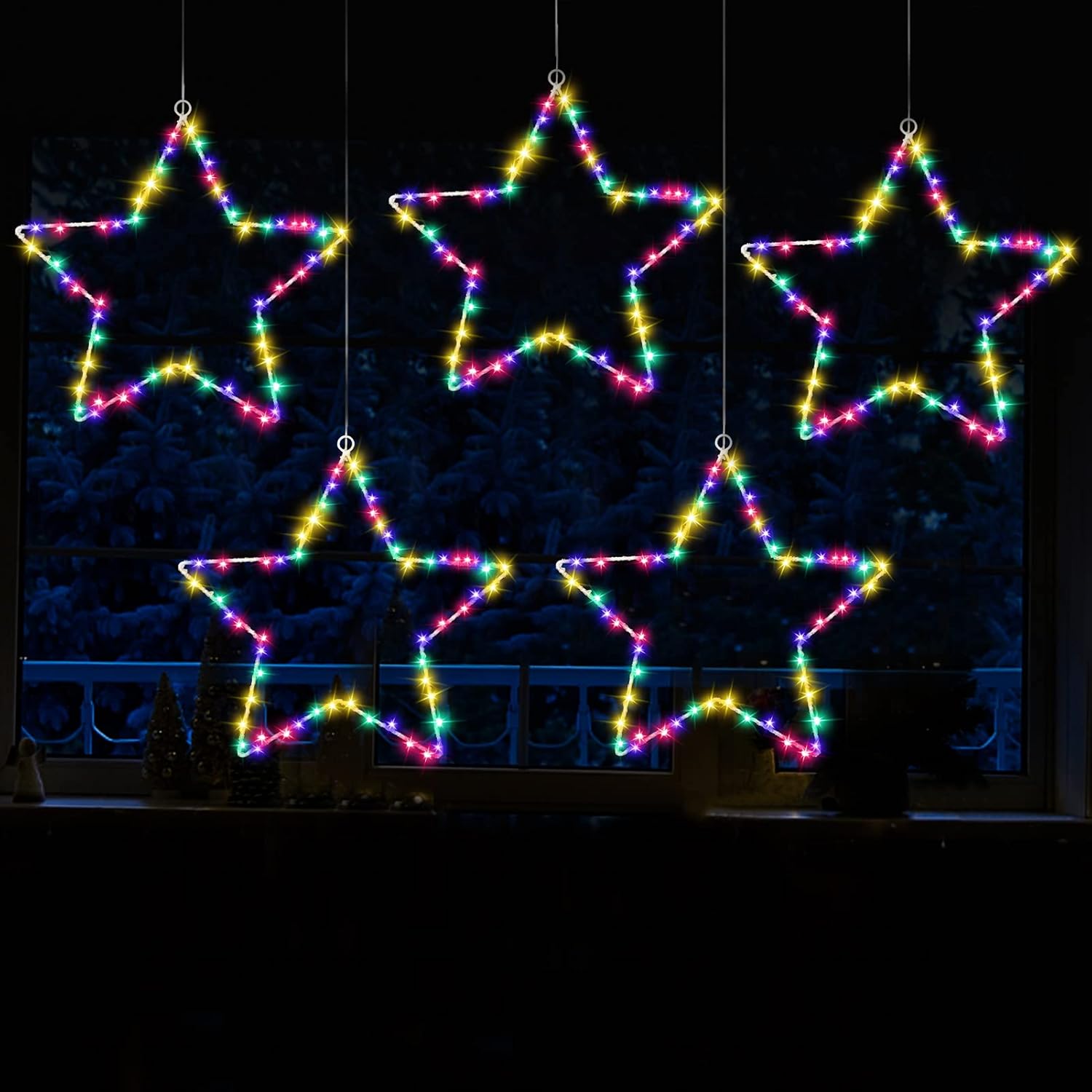 Christmas Window RGB Star Lights 5 PCS Battery Operated Christmas Window Lights Decoration with Timer and Remote,Color Changing 8 Lighting Modes Hanging Star Lights for Window Decor Porch Indoor RGBW-5PCS
