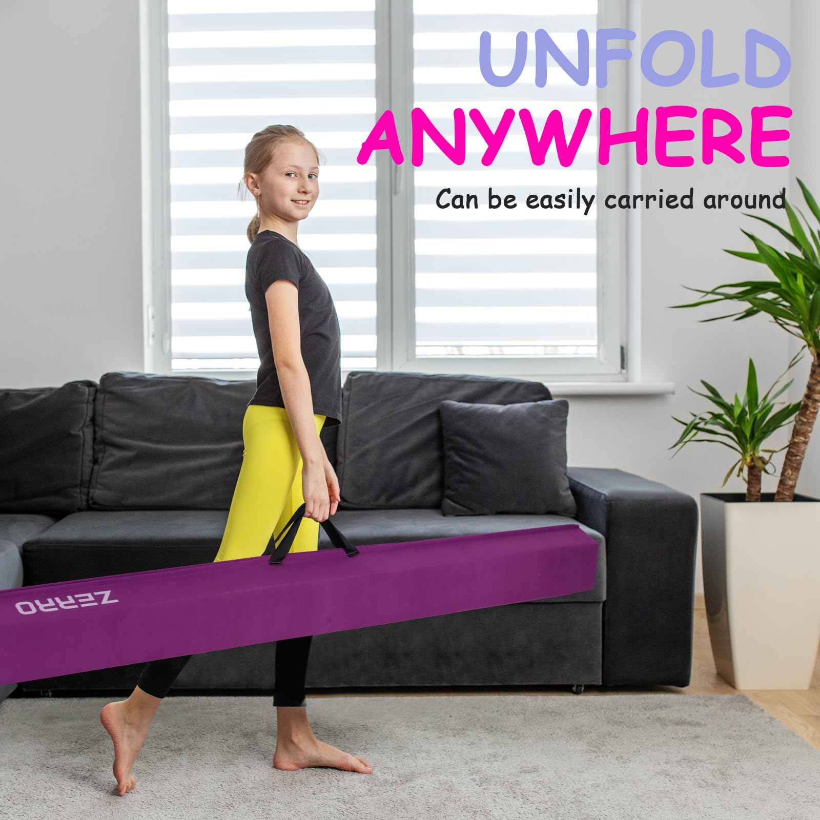 ZERRO Trave Ginnastica Artistica per Casa Pieghevole, 240cm / 270cm Bambini Allenamento, Verde, Viola