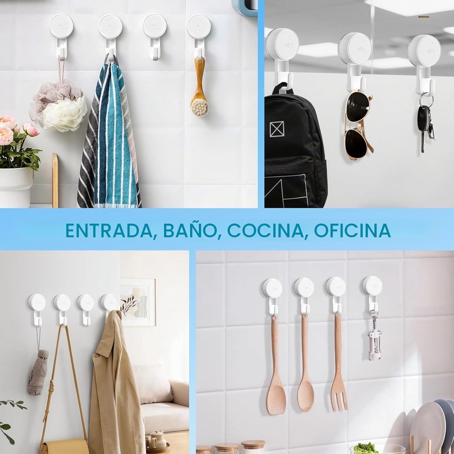 Luxear Gancho Ventosa Baño 4 Piezas Ultra Fuerte Sin Agujeros Colgador Toallas Ventosa Impermeable Reutilizable Percha Ventosa MAX 5kg para Toallas Cocina Pared Puerta Ropa