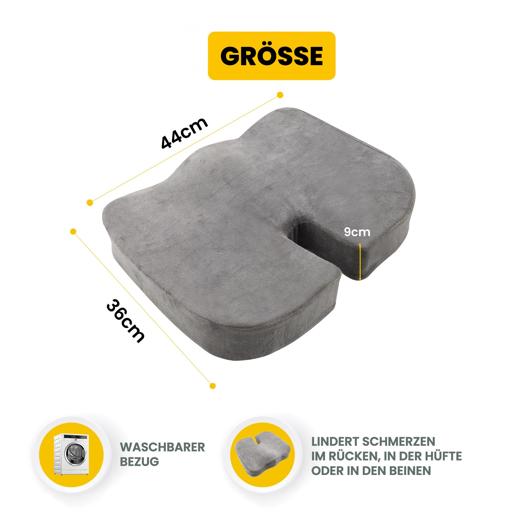 SLEEP COMFY Cuscino ortopedico in memory foam di alta qualità, per alleviare il coccige, per sedia a rotelle, 44 x 36 x 9 cm