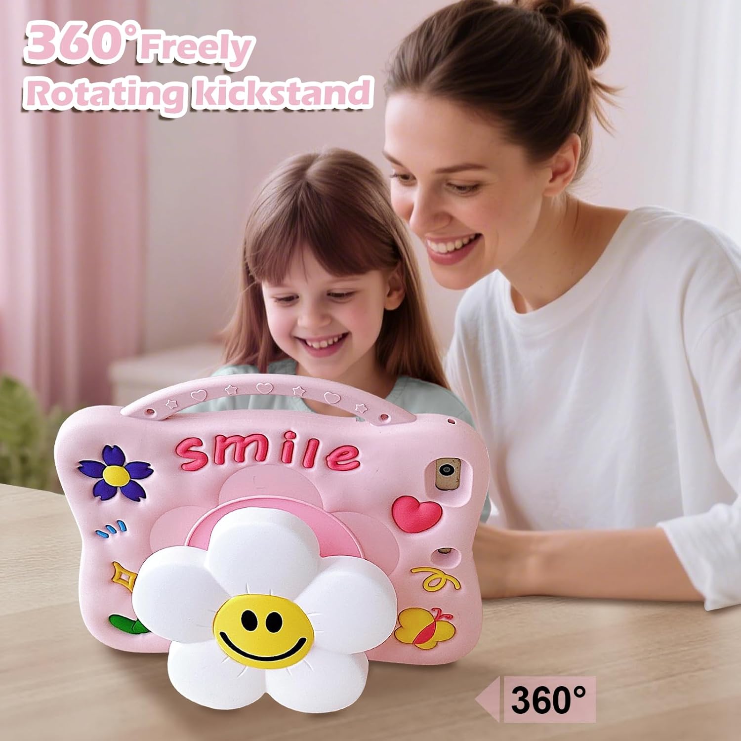 Case for iPad (A16) 11th Generation 11 Inch 2025, iPad 10th Generation 10.9 inch 2022, Full-Body Shockproof Kids Case for Pencil Holder & Adjustable Shoulder Strap, Smiley Flower