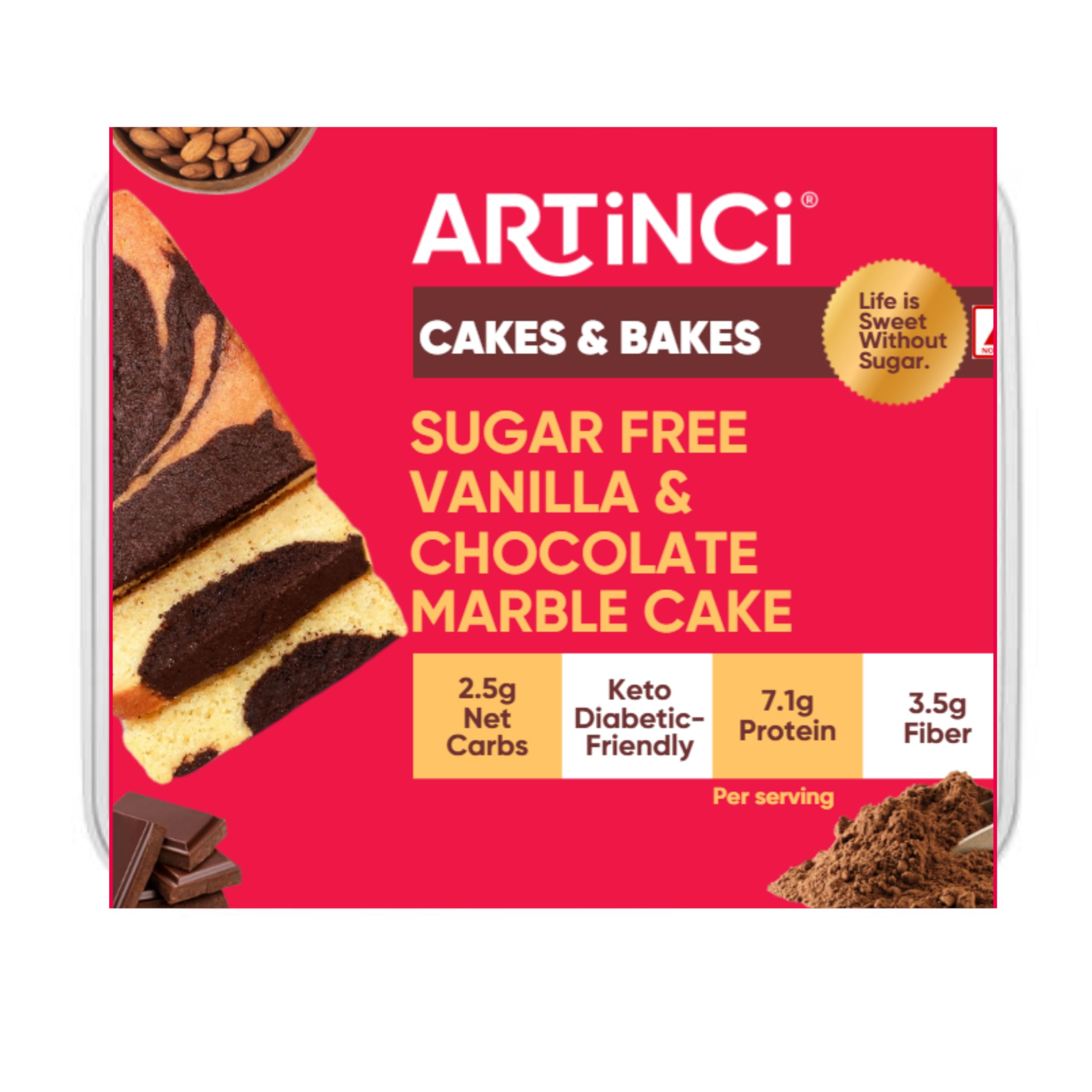 Artinci - Marble Cake (150g), Sugar free cake, Keto snacks, Gluten free snacks, Sweetened with Stevia powder, No Added Sugar, Made with 100% Almond flour & Rich cocoa powder, Tea Cake