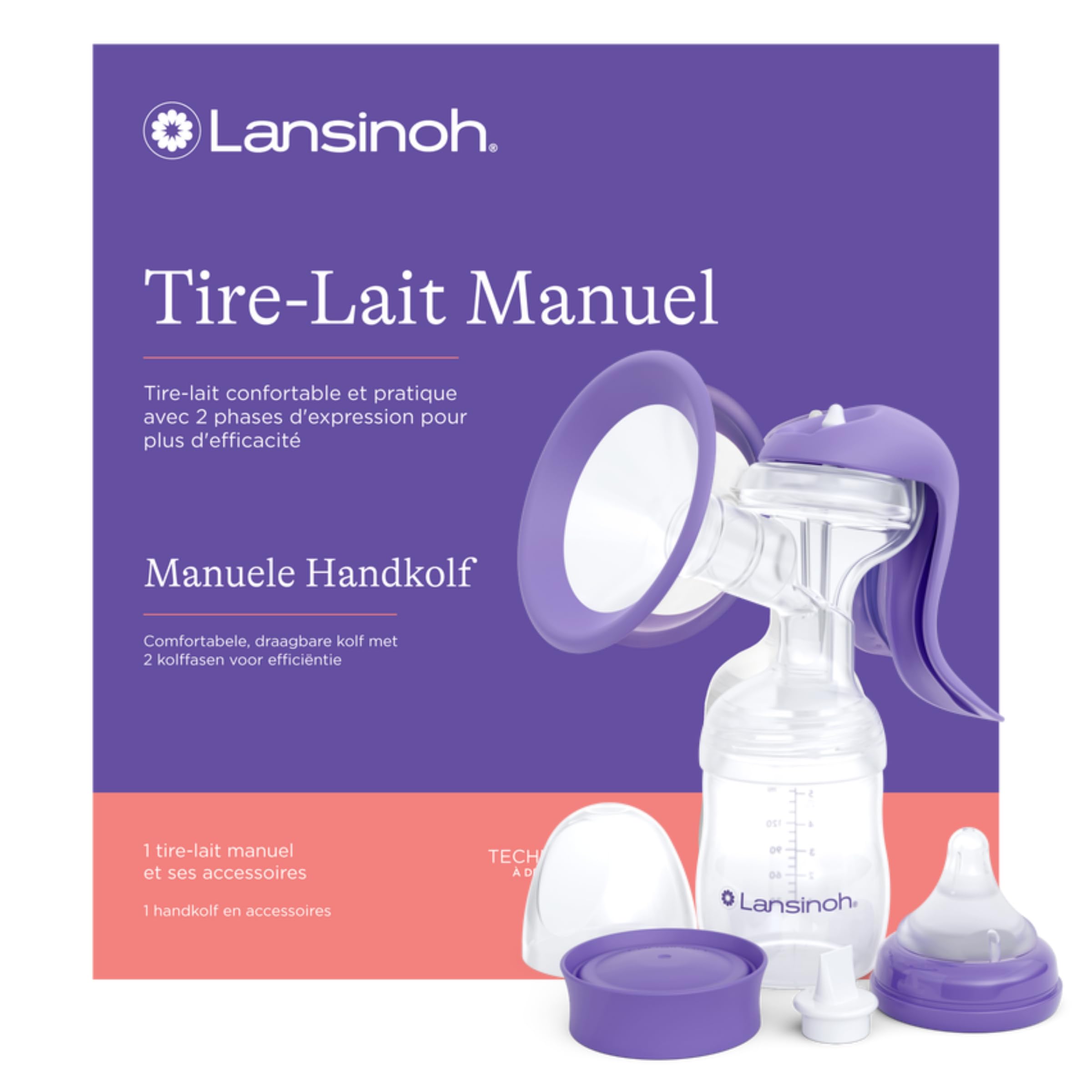 Lansinoh Tire-lait Manuel – Expression du Lait Maternel Sans Pile ni Branchement – Système Bi-Phase Stimulation & Expression – Téterelle ComfortFit – Léger, Discret, Utilisation à Une Main