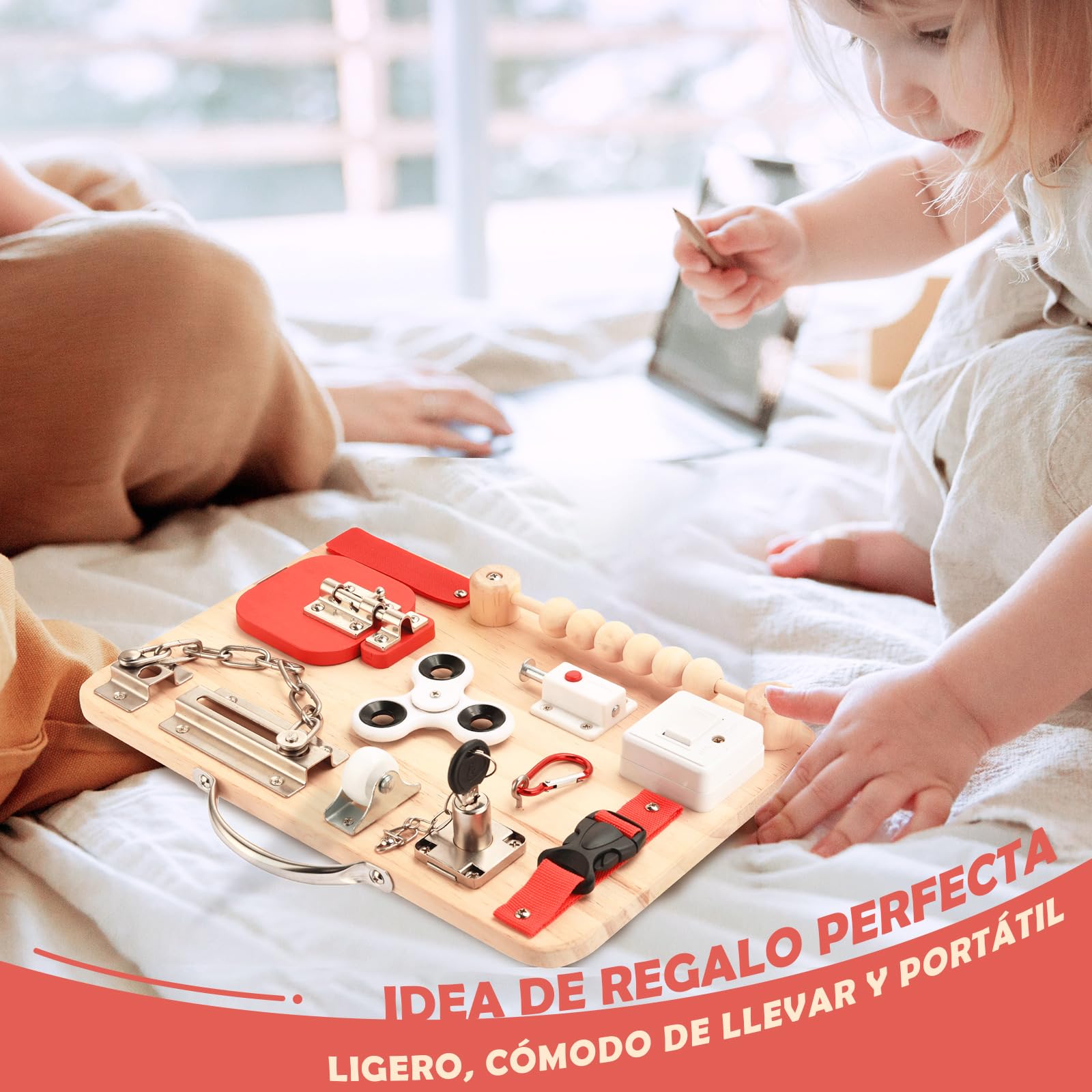 Potatomato Montessori Busy Board – Juguete sensorial de Madera para niños – Educativo y de motricidad – Juego de Viaje – Regalo para niñas y niños