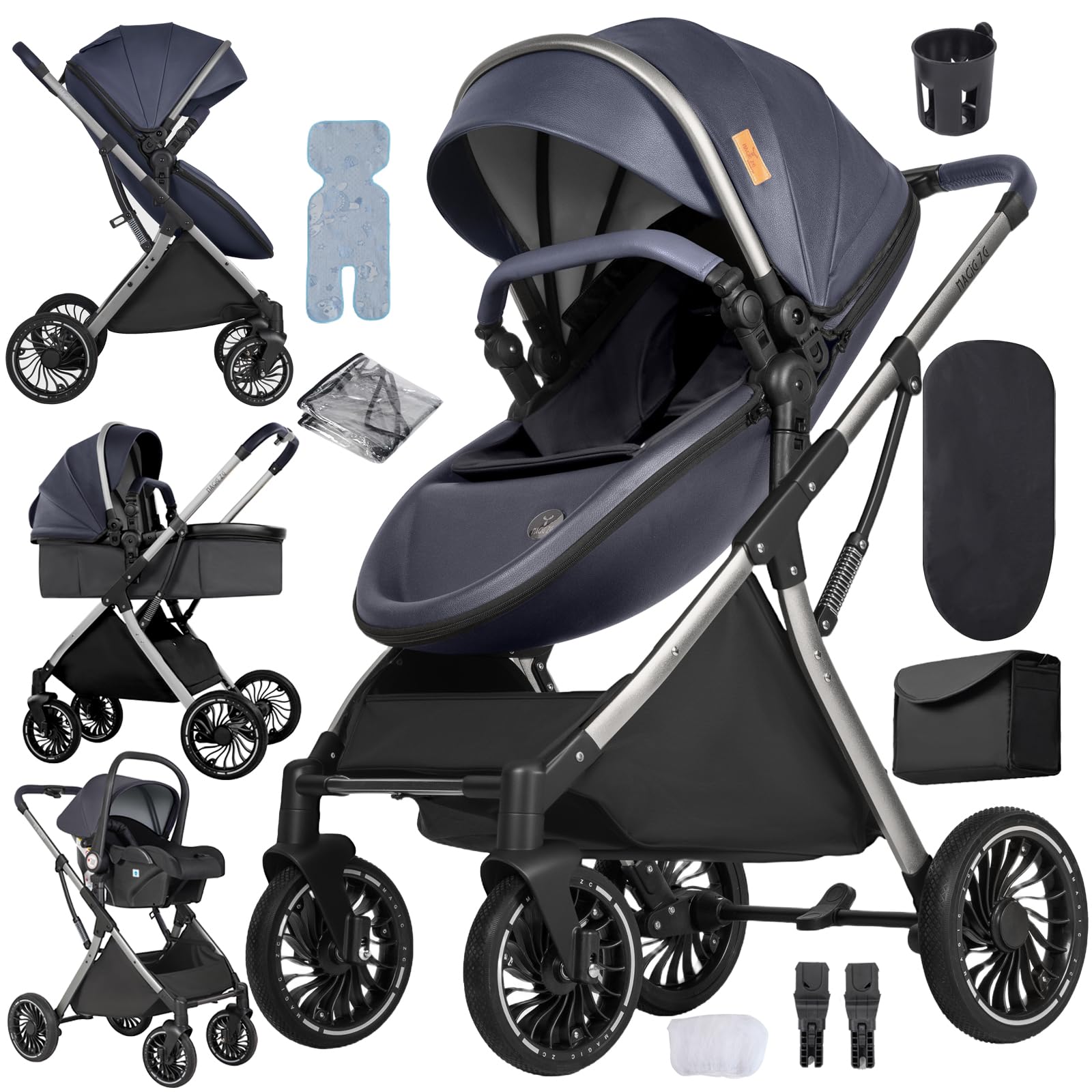 Aveainelle PU Leather 3 in 1 Baby Stroller, Eggshell Shape Design Travel System Stroller, Pushchair Reclining and Reversible, One-Click Folding Pram, Infant Buggy with Complete Accessories (Blue)
