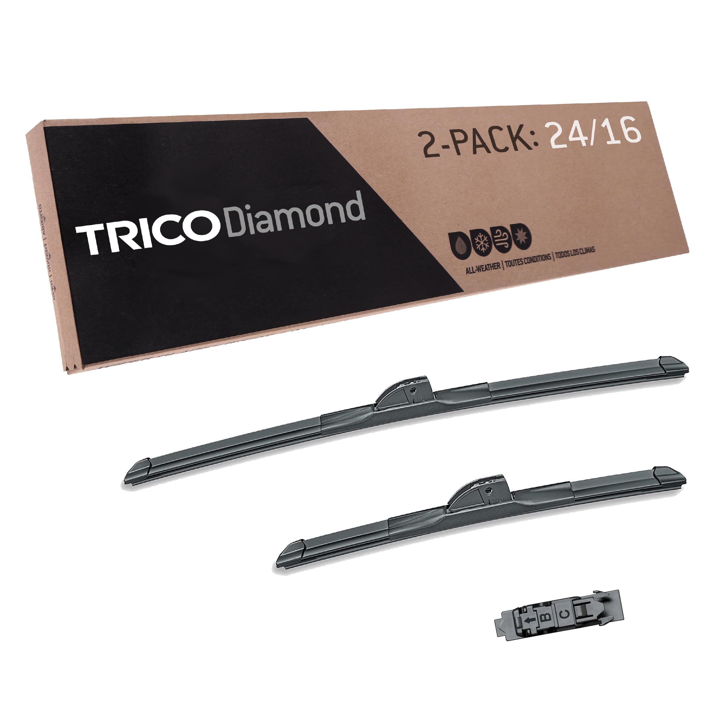 TRICO Diamond 24" + 16" Super Premium Automotive Replacement Windshield Wiper Blades (Set of 2), Passenger and Driver Side All-Weather Beam Wiper Blades for Select Vehicle Models (Item #25-2416)