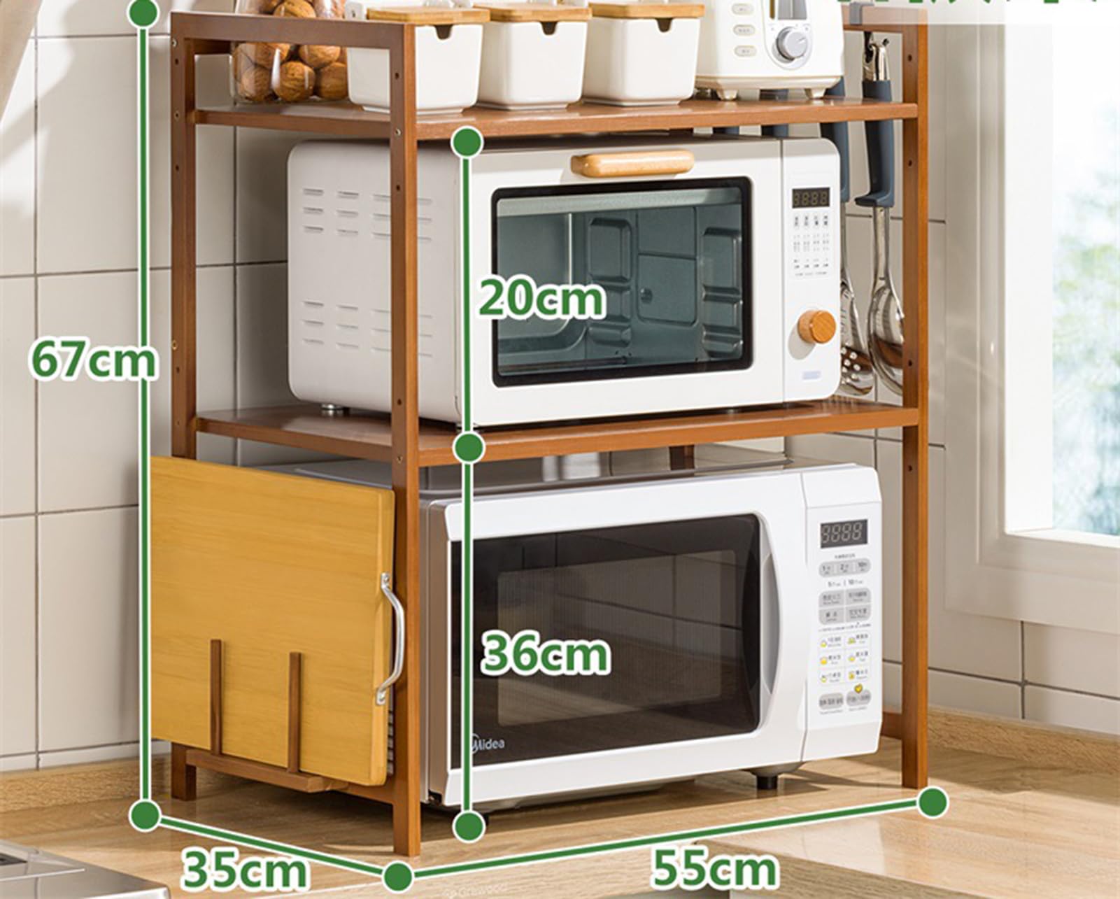 Bambusowy stojak na kuchenkę mikrofalową z 3 podłogami 4 haczyki stojak na deskę do krojenia ekologiczny materiał 21,65 x 13,77 x 66,37 cala