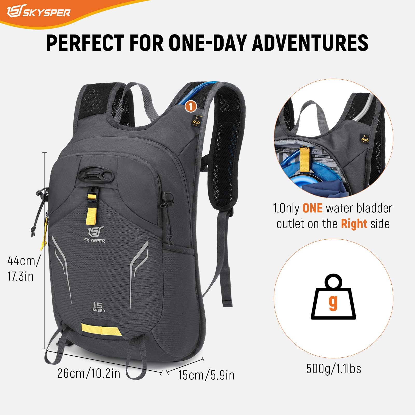 SKYSPER Kleiner Rucksack 15L Ski Rucksack Leichter Wanderrucksack & Fahrradrucksack für Damen und Herren Tagesrucksack Skirucksack Radfahren Wandern Outdoor Reisen