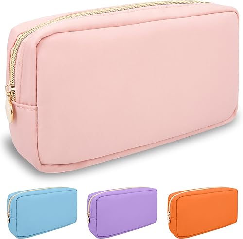 Miniatura 107 de izuzta Bolsa de maquillaje pequeña de nylon, linda bolsa preppy, bolsa con cremallera para cosméticos, Beige, Chico