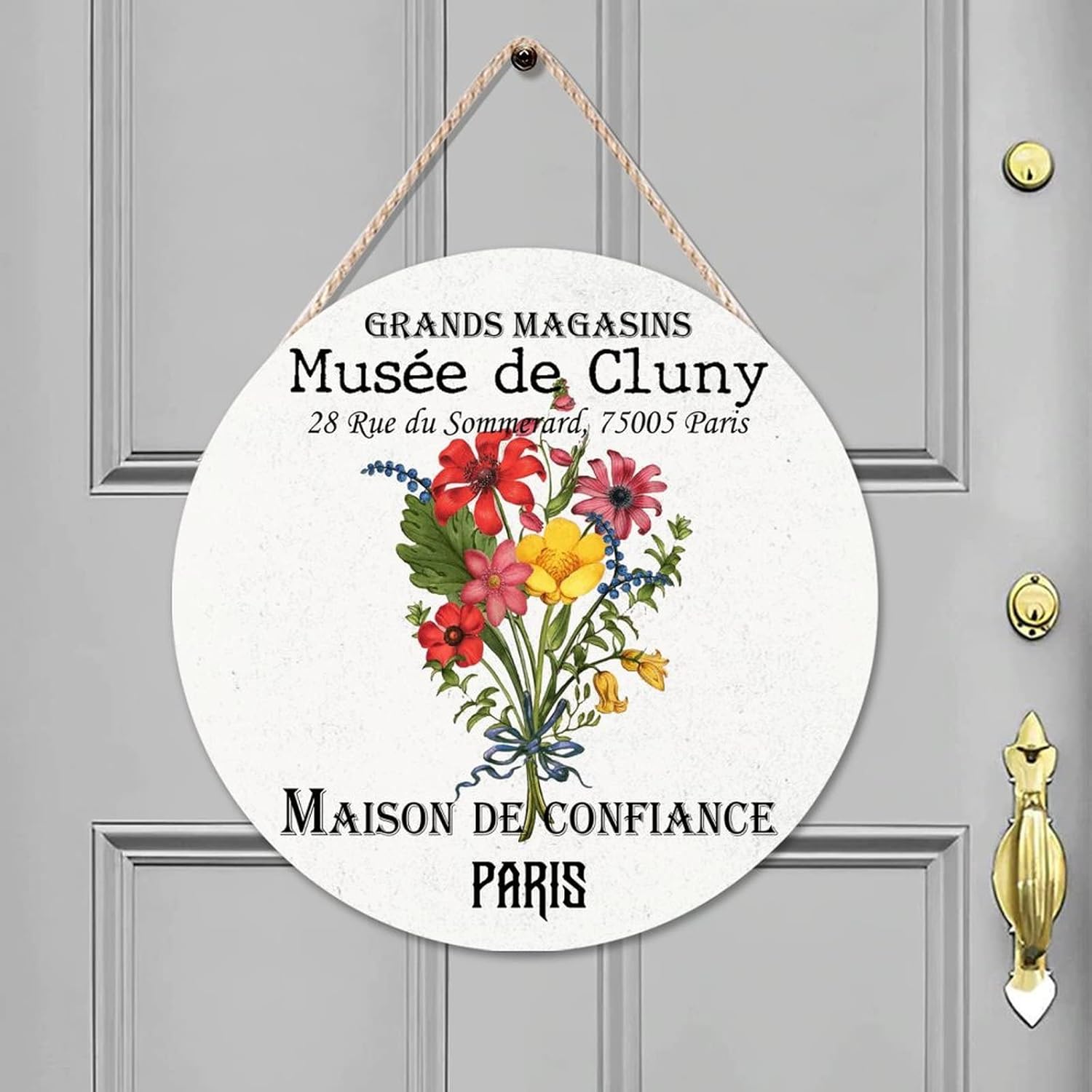 Vintage Flower Wood Door Sign, Personalized Pattern Round Door Hanger Sign, 16x16in Floral Wall Hanging Sign Plaque for Backyard Front Porch Farmhouse Front Door Decor Housewarming Gifts