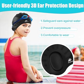Alepo 2 Pack Kids Swim Caps for Boys Girls, Durable Silicone Swimming Cap with 3D Ear Pockets for Age 3-15 Toddler Child Youth Teen, Unisex Swim Bath Hats for Short/Long Hair with Ear Plugs Nose Clip