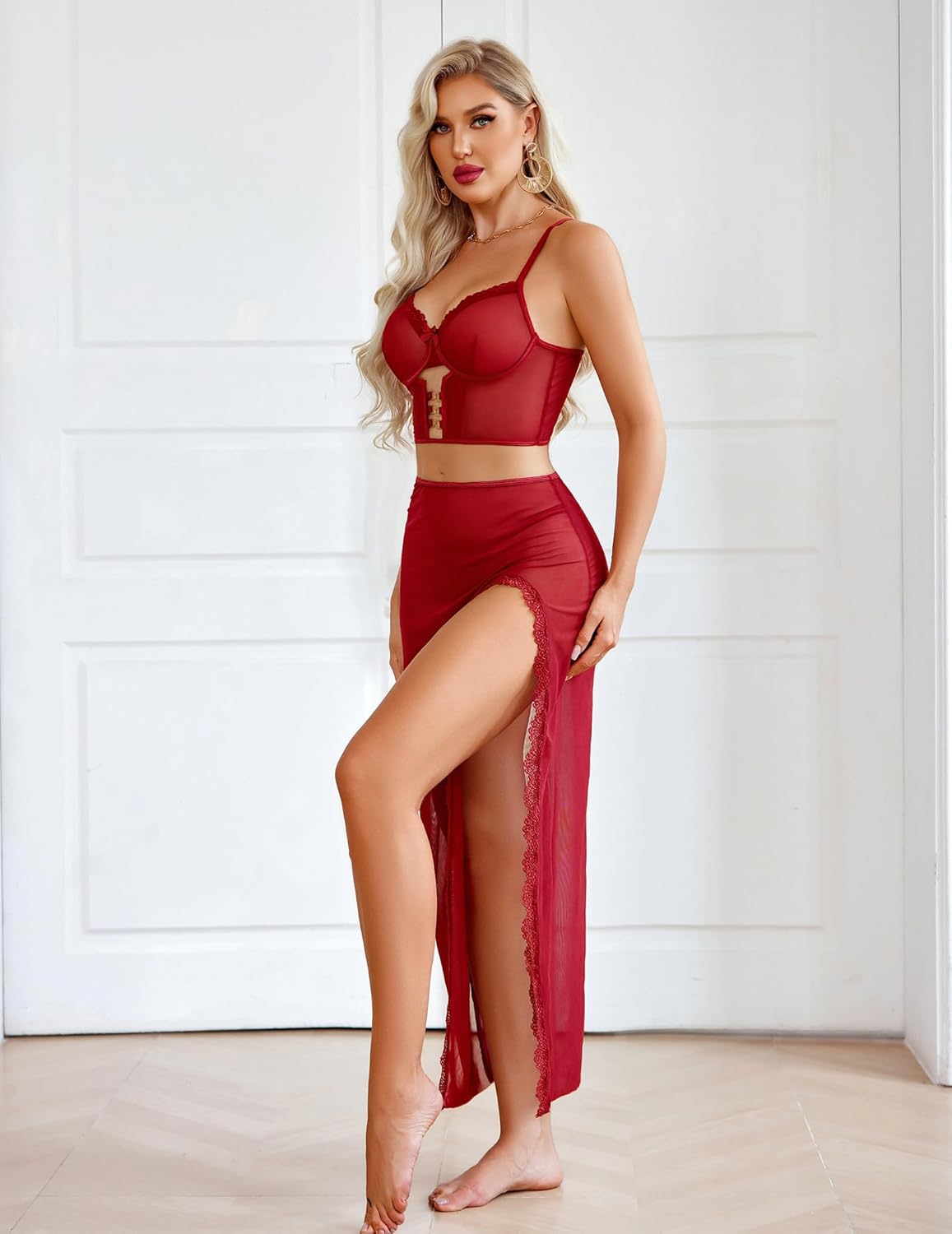 Avidlove Lingerie for Women 3 Pieces Set - Lace Long Nightgown with Side Split, Sexy Chemise for Bridal & Valentine's Day - Image 4