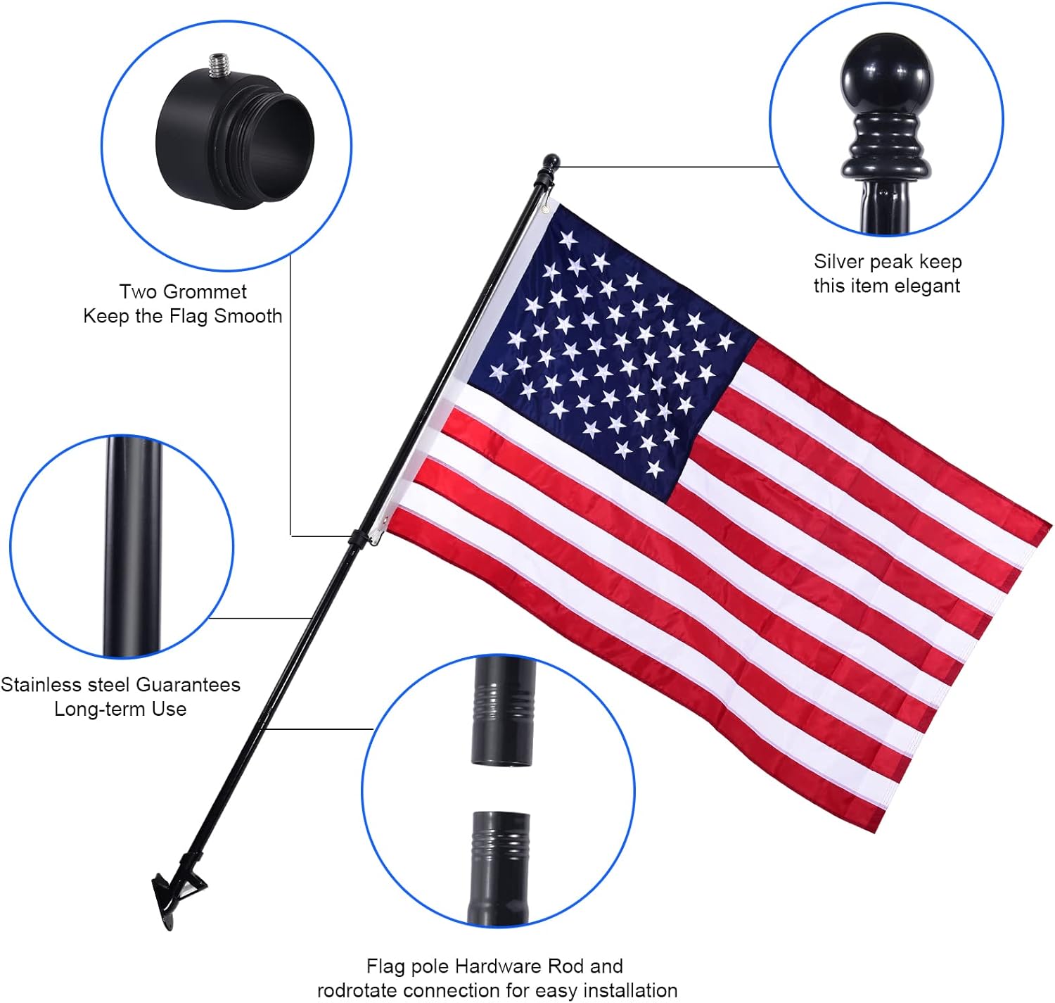 Quarut House Flag Pole Kit,Including 6Ft Stainless Steel Flag Pole,Heavy Duty Nylon 3x5 Ft American Flag,Aluminum Alloy Rings and Bracket.Wall Mounted Flagpole Set for Residential Commercial-Black