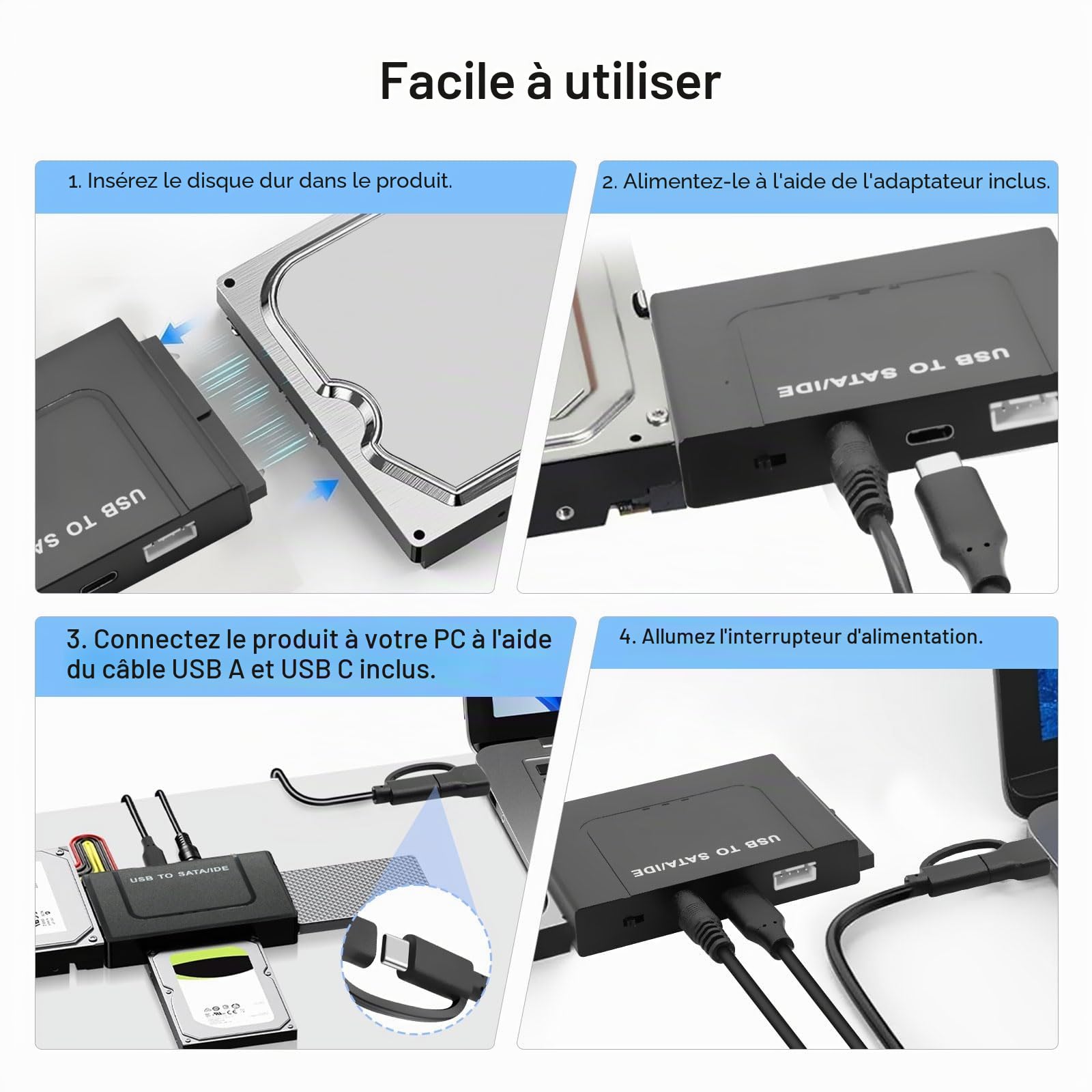 Adaptateur Disque dur USB 3.1 6Gbps pour 2.5" 3.5" HDD SSD SATA IDE Convertisseur avec Câble USB Alimentation 12V 2A
