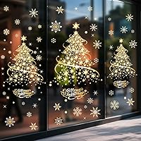 Vista 4 de Decoraciones de Navidad para ventana, árbol de Navidad dorado, copos de nieve, calcomanías de doble cara, decoración de ventana, pared, puerta