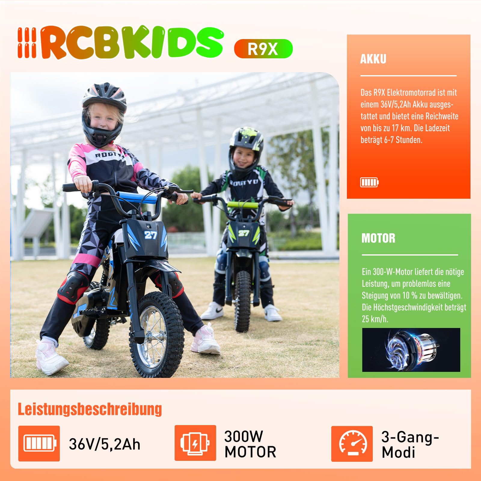 R9X Elektro Motorrad Kinder, Elektromotorrad mit 3 Geschwindigkeitsmodus, Max 25km/h, 36V/5,2Ah Akku, Reichweite 17KM, 12 Zoll Luftreifen, Moto Crossbike für Kinder （blau）