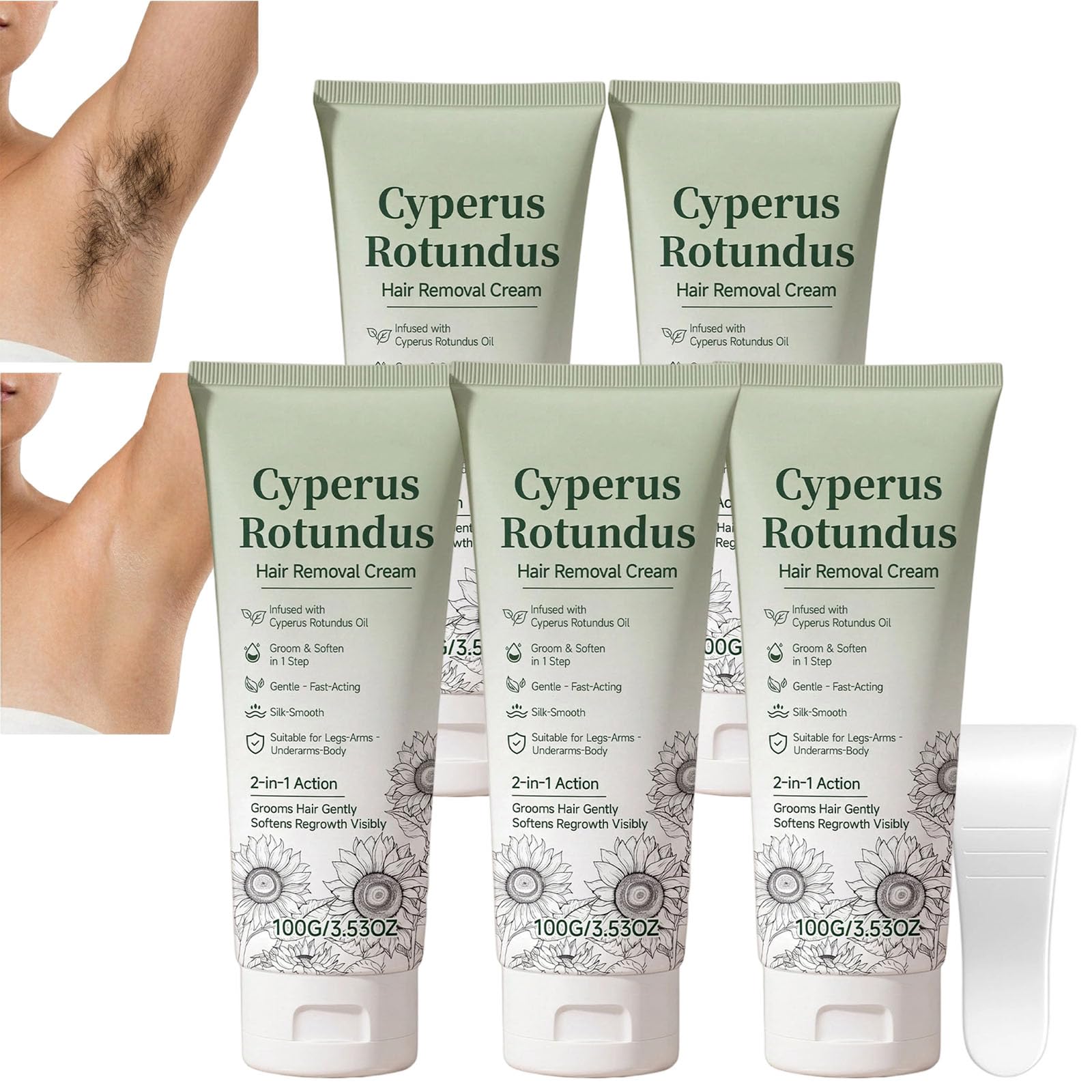 Cyperus Rotundus - Crema depilatoria a base di erbe, crema depilatoria naturale delicata per corpo e zona bikini con raschietto, 2 in 1 (5 pezzi)