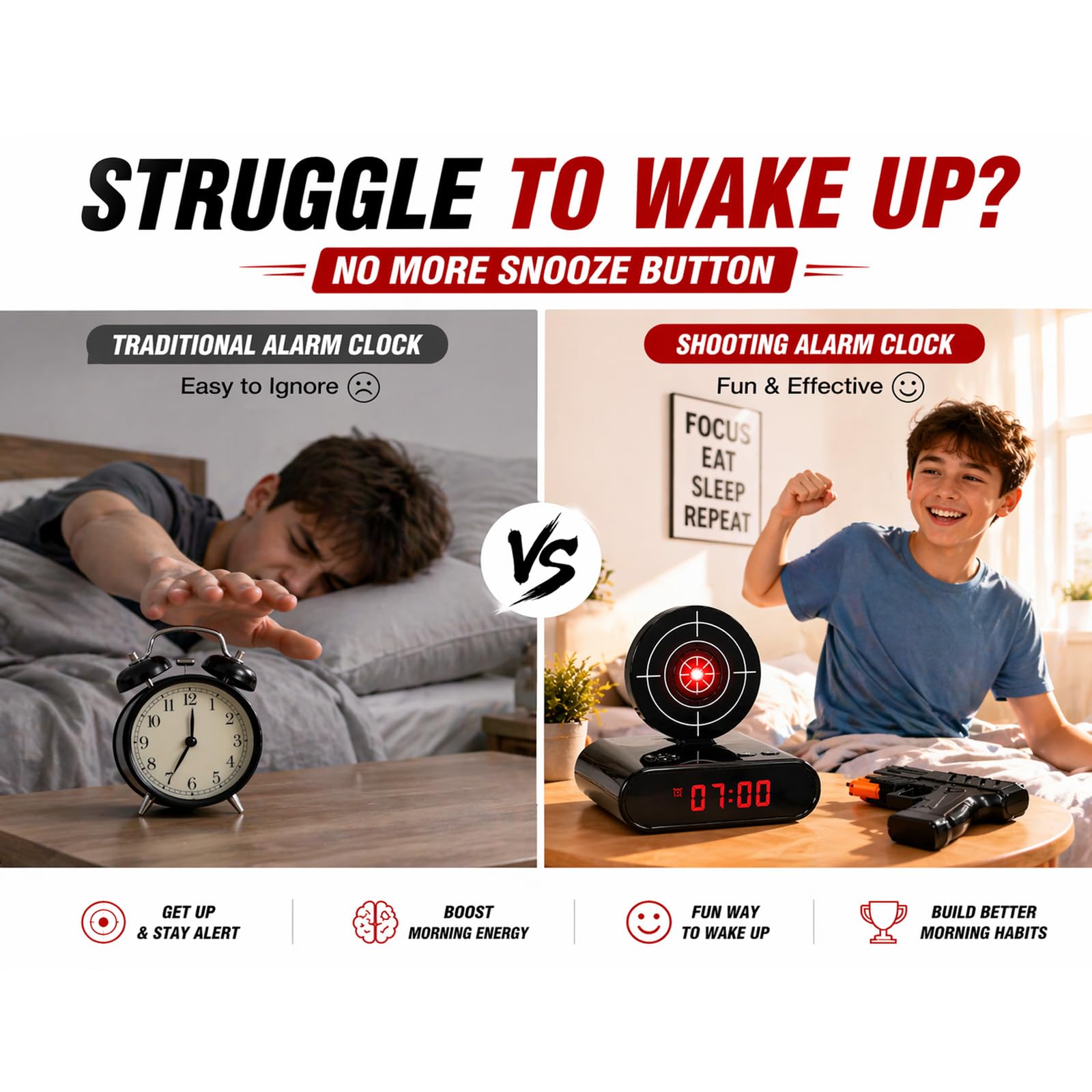 Interactive Target Alarm Clock Game, Wake Up Game Alarm Clock for Heavy Sleepers, LED Digital Display with Voice Recording & Custom Ringtones, Fun Gift for Teens & Adults (Black)
