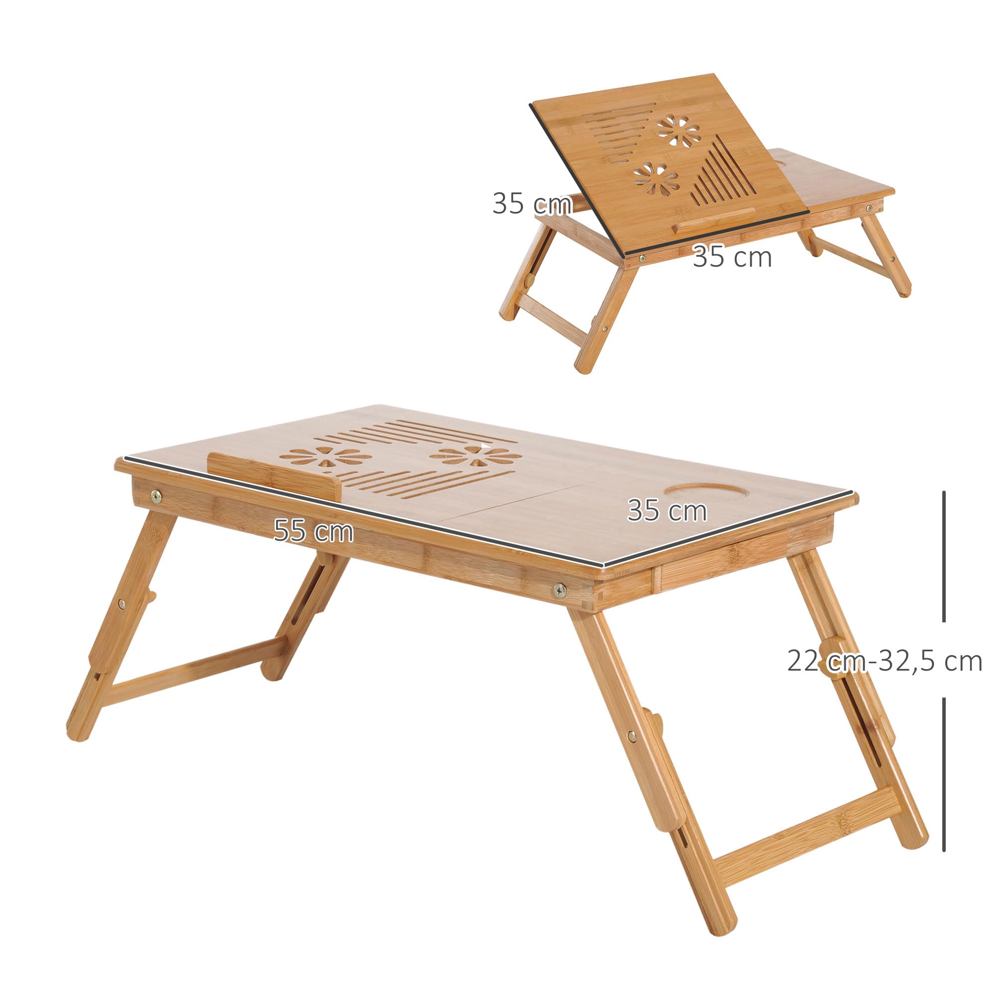 HOMCOM Mesa Plegable de Bambú, Mesa de Ordenador Portátil, para Cama y Sofá, Altura Ajustable, Cajón, Patas Plegables, para Leer, Escribir, Comer, Trabajar, Natural