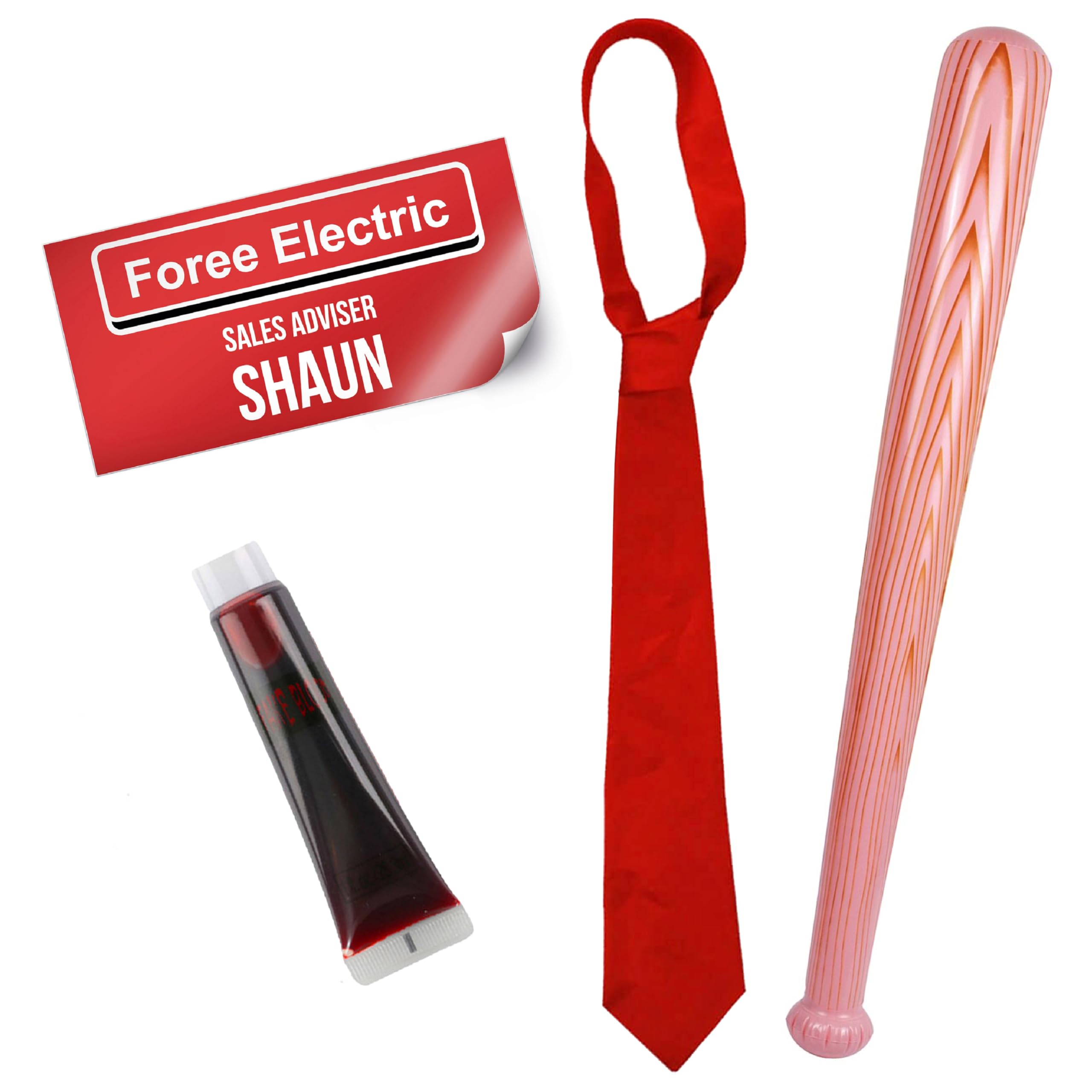 I LOVE FANCY DRESS Adults Shaun Zombie Killer Costume - Inflatable Baseball Bat, Red Tie, Name Tag Sticker, Fake Blood - Mens Womens TV Film Character Halloween Costume