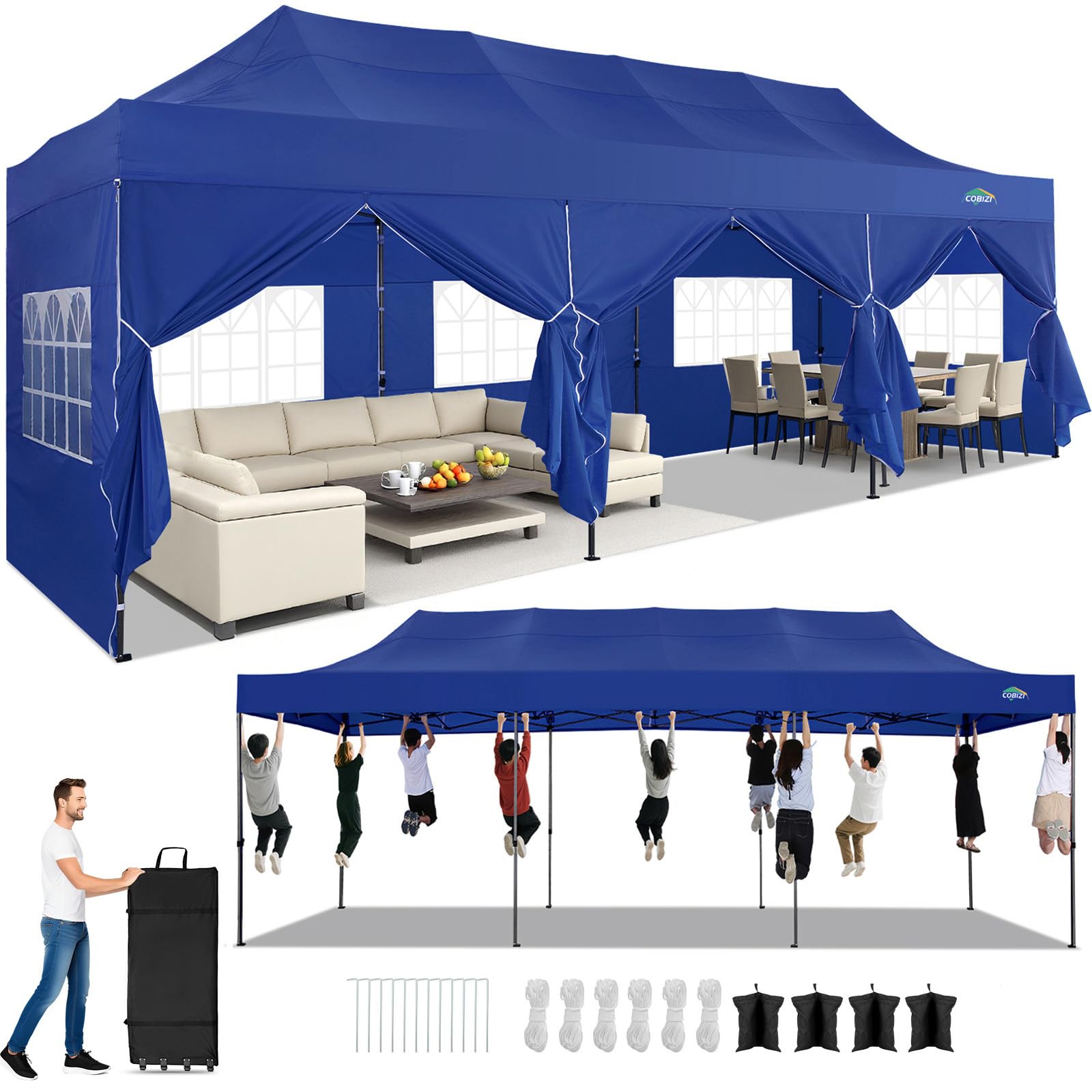 COBIZI 10x30 Heavy Duty Pop Up Canopy Tent with 8 Sidewalls, Dark Blue