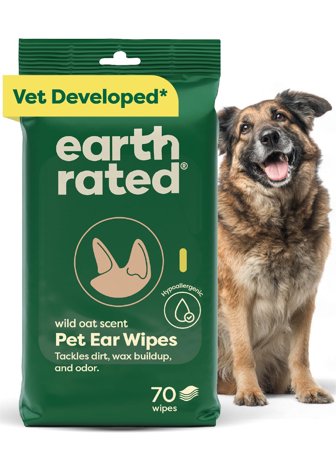 Earth Rated Vet-Developed Pet Ear Wipes, Hypoallergenic Cleaner for Dogs & Cats Ears to Remove Dirt and Wax Build Up, Wild Oat Scent, 70 Count