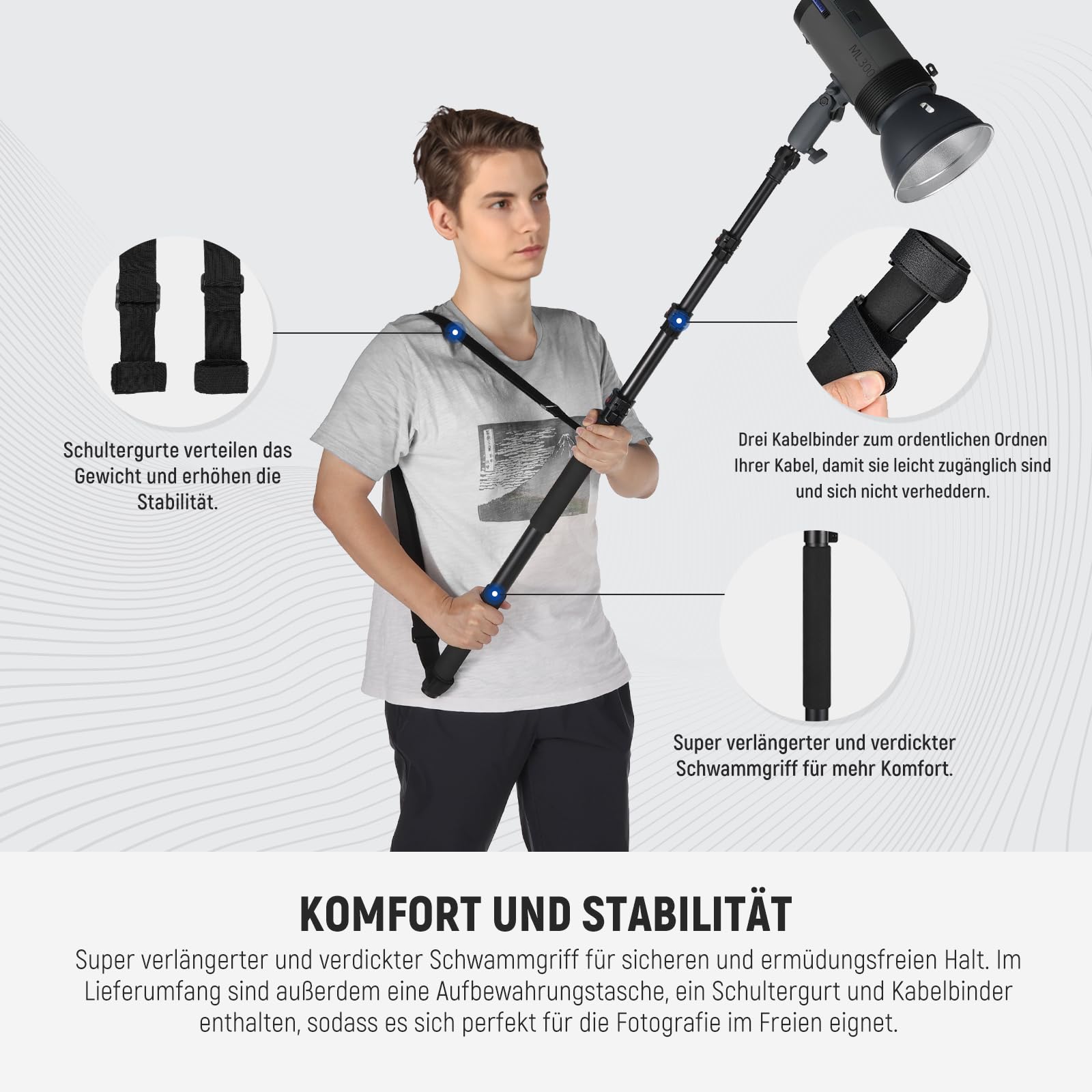 NEEWER 230cm Handliches Lichtstativ Teleskop Aluminium mit 1/4", 3/8", 5/8" Schraube/Einfachem Klappverschluss/Schultergurt/Kabelbindern/Tasche, Auslegerständer für Videolicht Flash Mikrofon, MS-230C