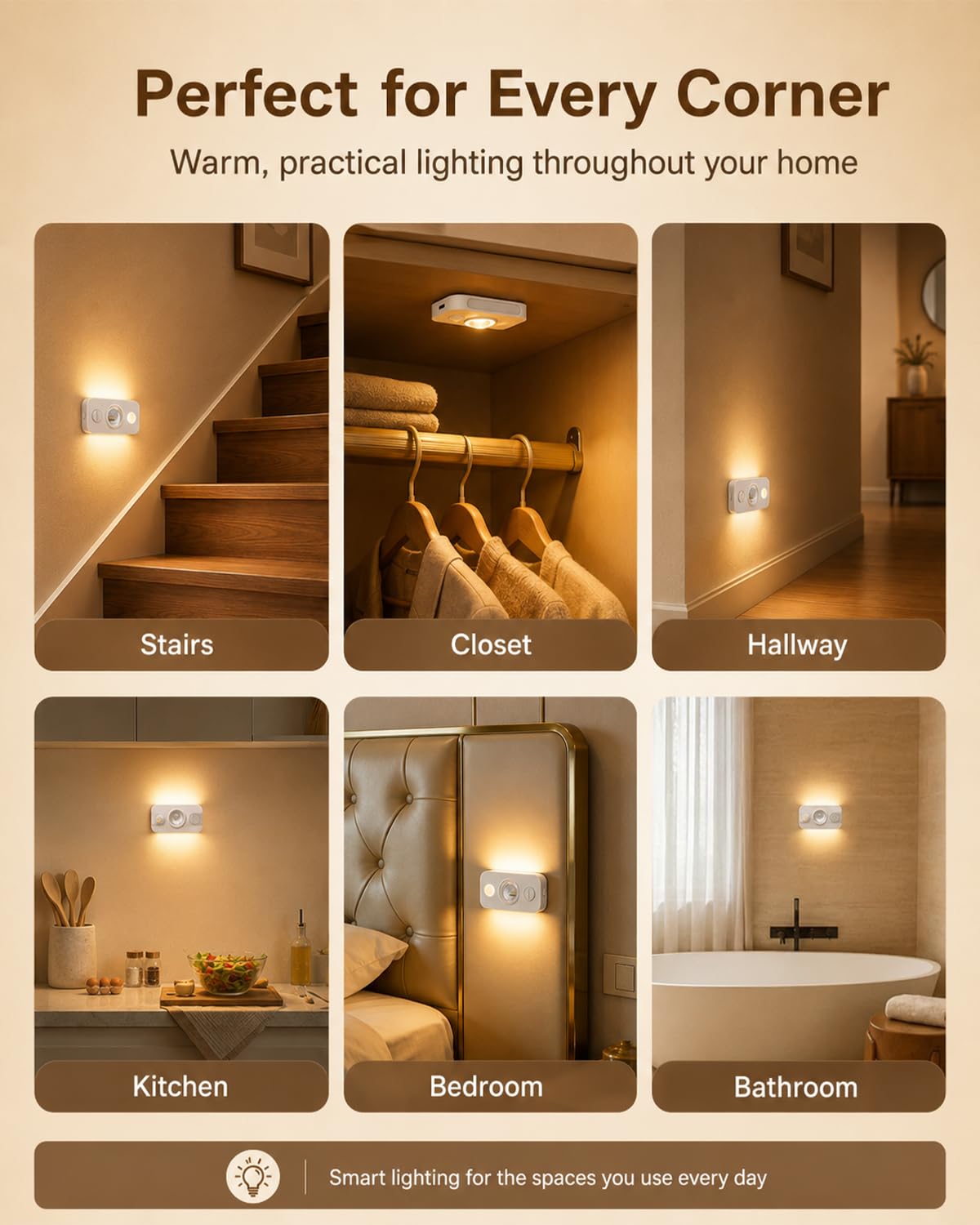 2 luces de escalera con sensor de movimiento adhesivas, luz nocturna LED blanca cálida, luces de escalera que se pegan en cualquier lugar, luz de armario, luz de pared que funciona con pilas para