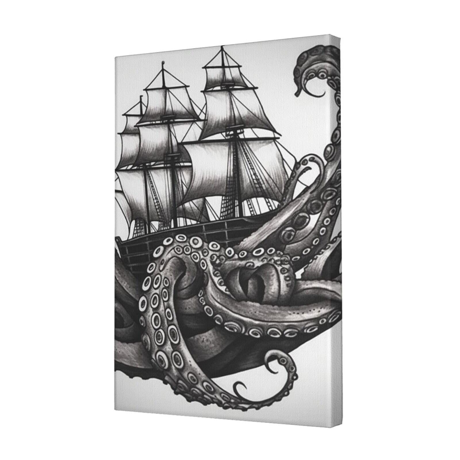 KLOPH Black and White Octopus and Ship Canvas Wall Art for Living Room 12"x18" Modern Artwork Painting for Bathroom Hanging Canvas Prints Aesthetic Wallart for Bedroom Kitchen Office Wall Decor
