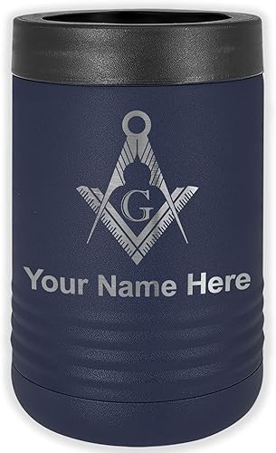 LaserGram Aislador personalizado de latas y botellas de acero inoxidable, símbolo masón, mantiene las bebidas frías durante más tiempo (azul marino)